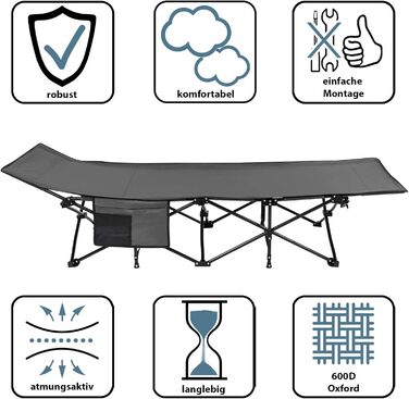 Ліжко для кемпінгу ALPIDEX, похідне ліжко до 200 кг, бічна кишеня, зручне, з м&39якою підкладкою, складне, розкладне гостьове ліжко, шезлонг, кемпінг, сад, сірий