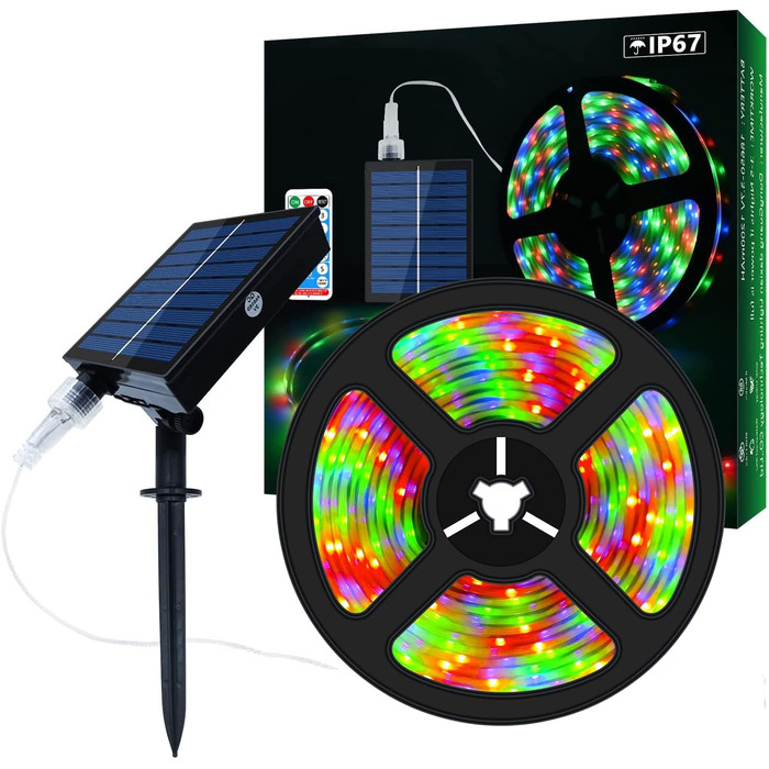 Зовнішня світлодіодна стрічка Lumtang Solar Outdoor, Світлодіодна стрічка 5 м, сонячні ліхтарі на сонячних батареях, що змінюють колір, з 8 режимами освітлення, вечірка, сад, басейн, табір, прикраса на відкритому повітрі. (Мульт-колір, 10М)