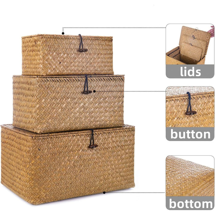 Кошики для зберігання морської трави, плетена коробка для зберігання з ротанга з кришкою та ручкою, прямокутний кошик з морської трави, полиця для зберігання одягу, косметики, книг, 3