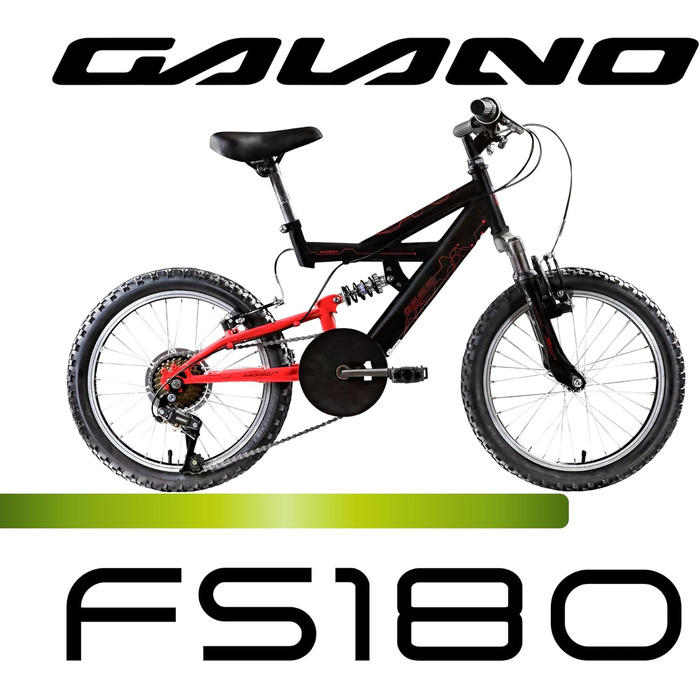 Велосипед Galano FS180 18 дюймів для дітей віком від 5 років, дитячий велосипед, гірський велосипед для хлопчиків та дівчаток, повнопідвісний велосипед для дітей, гірський велосипед унісекс, легкий, велосипед для хлопчиків та дівчаток, чорний/червоний, 28