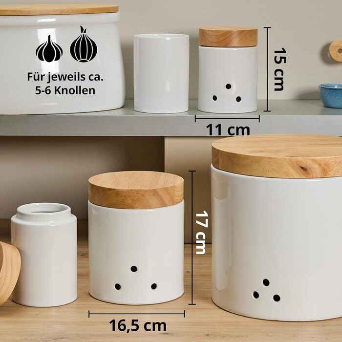 Контейнери для зберігання цибулі та часнику, керамічні, білі з дерев&39яною кришкою та бамбуком, круглі, у вінтажному сільському стилі, набір горщиків для цибулі та часнику, глянцеві, без етикетки