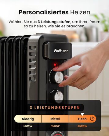 Міні-масляний радіатор Pro Breeze 2500W з 11 ребрами, електричний радіатор, 24-годинний таймер, енергозберігаючий масляний радіато