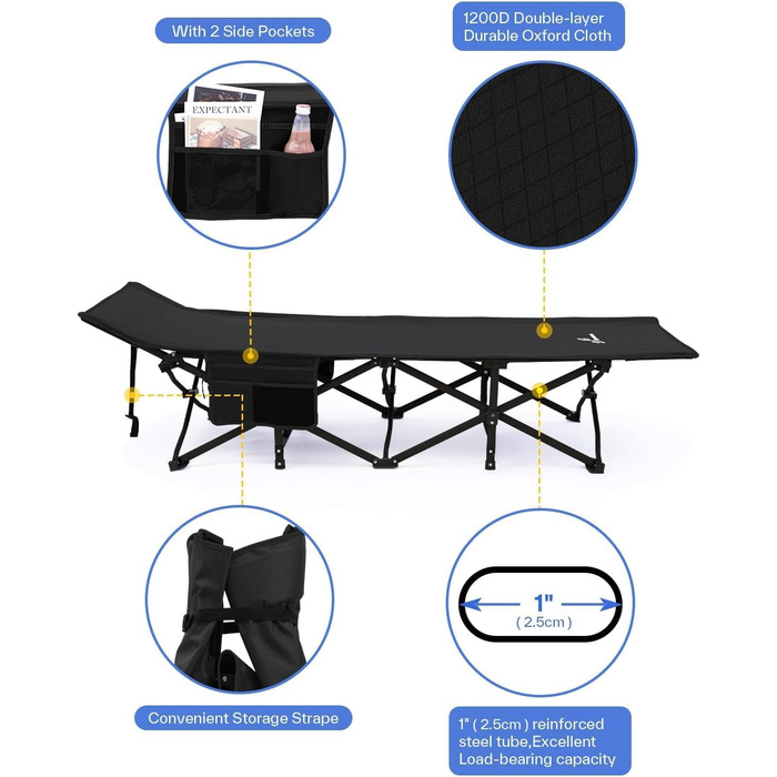 Розкладне ліжко Sportneer з матрацом, ширина 71 см, вантажопідйомність 204 кг, гостьове ліжко, туристичне ліжко, похідне ліжко з сумкою для зберігання для дорослих, для вулиці, в приміщенні, саду, кемпінгу, подорожей, 188 см 71 см 37 см, чорнийчорний
