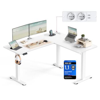 Електричний письмовий стіл з регульованою висотою, L-подібний кутовий стіл, 140 x 160 см, із зарядною станцією, функція пам&39яті з 2 висотами, для домашнього офісу, хмарно-білий-матово-білий LSD264W01 хмарно-білий матово-білий