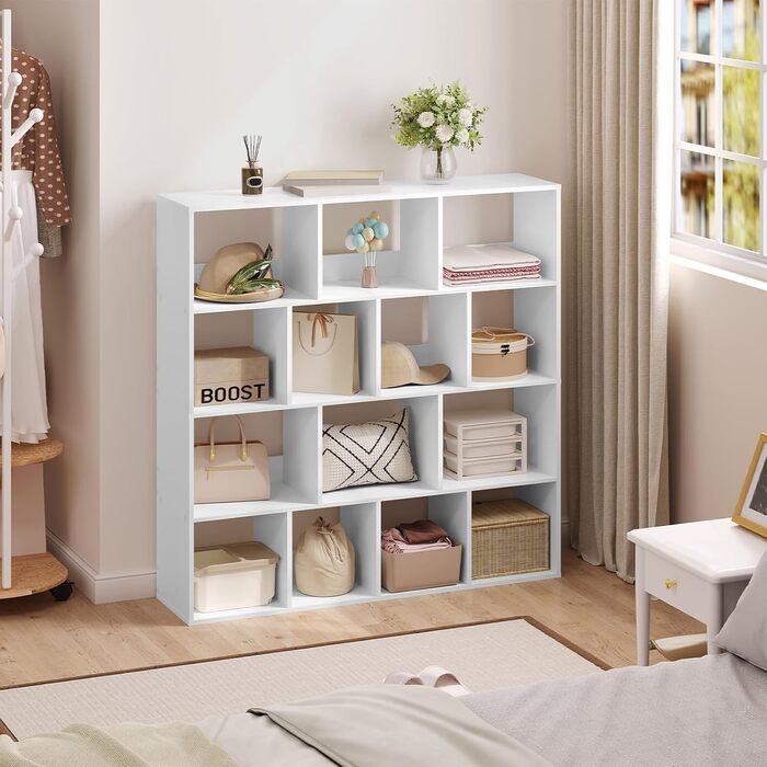 Книжкова полиця eSituro, окремостояча полиця з 14 відділеннями, кубічна полиця, полиця для зберігання, офісна полиця, відкрита полиця для вітальні, кабінету, офісу, компактна, 120x120x30 см, білий