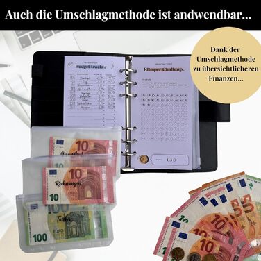 Бюджетний планувальник Німецька мова A6 - Фінансовий планувальник для більш чітких фінансів - Планувальник бюджету зі стрічкою та наклейкою німецькою мовою з PU шкіри - Бюджетна книга для безкоштовного дизайну з 12 конвертами Black
