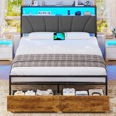 Ліжко 140x200 з металевою рейковою основою, каркас ліжка 140x200 см зі світлодіодним освітленням та зарядною станцією (2 розетки змінного струму та 2 порти USB), дитяче ліжко, двоспальне ліжко з 2 великими шухлядами, сірий колір, 140x200 см