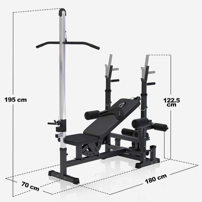 Багатофункціональна лава для штанги з регульованою стійкою для штанги, вежею для тяги найширшого хвата, верстатами &quotметелик&quot, згиначами ніг, чорний або білий колір - тренувальна лава, фітнес-станція, станція для тренувань