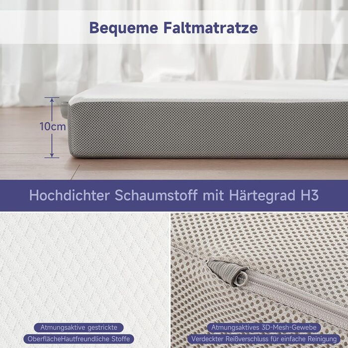 Розкладний матрац Z-hom, гостьовий матрац, 3-секційний розкладний матрац, 14019510 см, товстий пінопластовий матрац, складний матрац, для дорослих, знімний та пральний зовнішній чохол 14019510 см