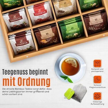Бамбукова чайна коробка AH з 12 відділеннями коробка для зберігання чайних пакетиків з оглядовим віконцем та магнітною застібкою, ВШ 9 x 29 x 24 см, натуральний колір