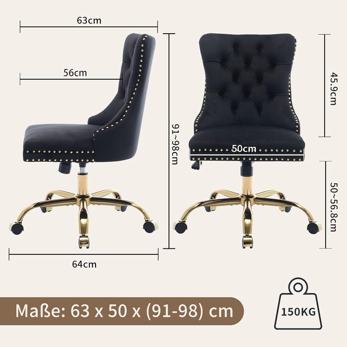 Вінтажне британське оксамитове офісне крісло зі стьобаною спинкою та оздобленням цвяхами, регульоване по висоті, поворотне та з коліщатками, вантажопідйомність до 150 кг - Зручне туалетне крісло для домашнього офісу, чорного кольору