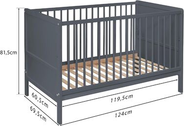 Дитяче ліжко Nelly 120x60 см Дитяче ліжко Сірий колір Бук Регульована висота у 2 напрямках 3 знімні перекладини Сертифіковано EN 716