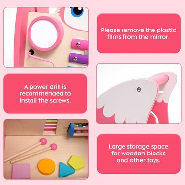 Дерев&39яні дитячі ходунки з іграшками Монтессорі, гумовими шинами, сортувальником фігур, шестернями, дзеркалами, ксилофоном та барабанами, підходить для дітей від 9 місяців, рожевого кольору