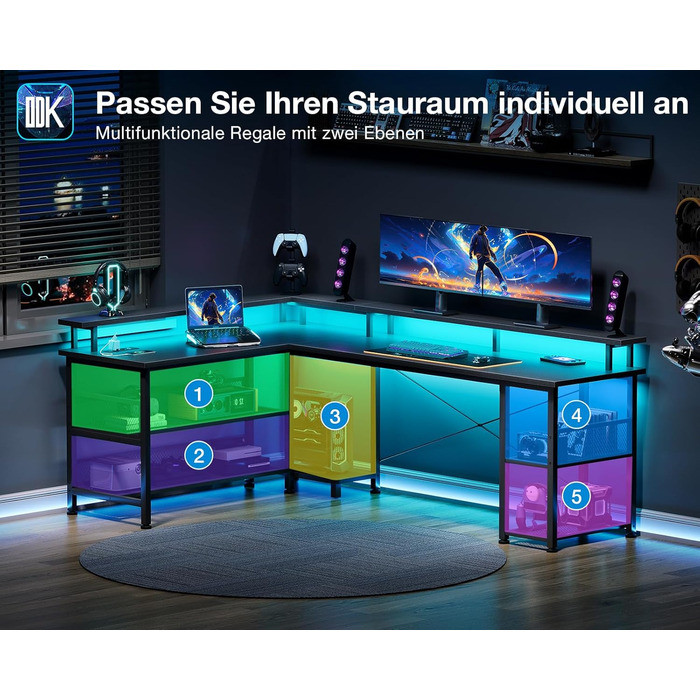 Ігровий стіл ODK зі світлодіодним освітленням, двосторонній ігровий стіл 168120 см з 2 розетками та 2 портами USB для зарядки, великий кутовий стіл із сітчастою полицею, чорний 168120 см чорний