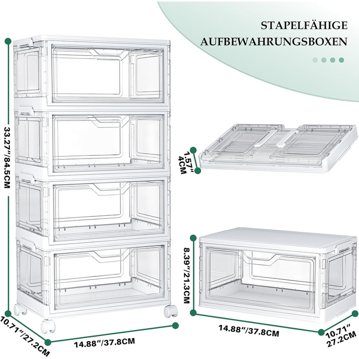 Коробки для зберігання з кришками 4-ярусні штабелювані пластикові коробки, прозорі об&39ємом 23 л, великі контейнери-органайзери для спальні, вітальні, ванної кімнати, 4 яруси та 1 кришка, 23 л/ярус, 4-ярусні
