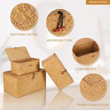 Коробка для зберігання FEILANDUO з 3 предметів з кришкою, плетений кошик для косметики з морських водоростей, кошик-органайзер для робочого столу та вітальні (великий, натуральний)