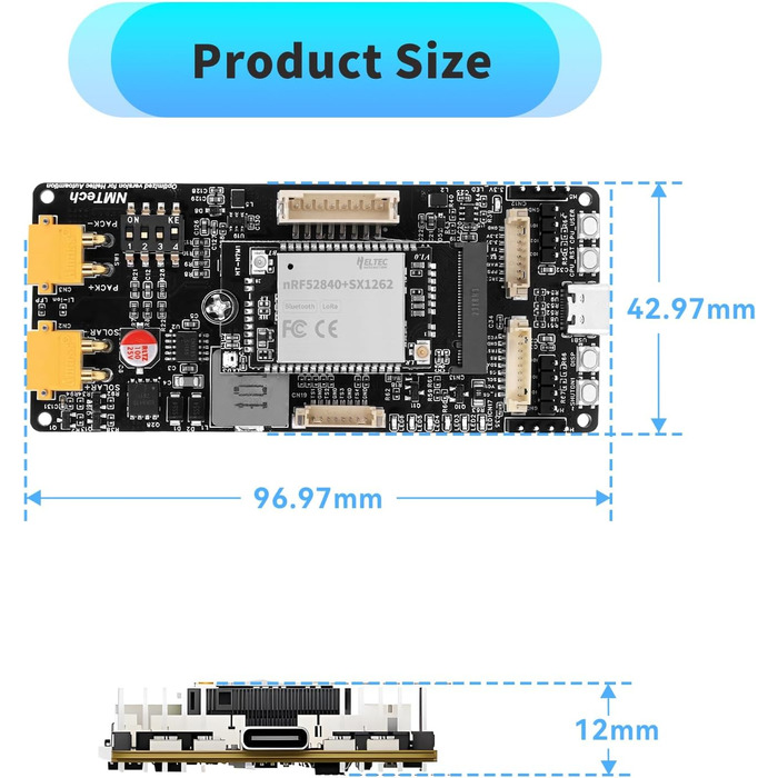 Плата розробки MeshSolar для літій-іонних систем BMS BLE/LoRa, мікроконтролер nRF52840 SX1262 LoRa. Підтримує Bluetooth та LoRa 868 МГц. Сумісний з літій-полімерним акумулятором Meshtastic.