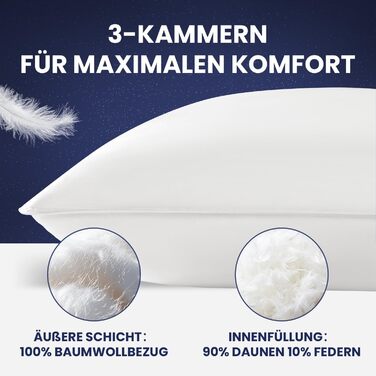 Пухова подушка DEITAS - 3-камерний дизайн для оптимальної підтримки шиї, м&39який та дихаючий чохол зі 100 бавовни, подушка для ліжка ідеально підходить для алергіків та дітей (Біла, 80x80 см ()) Біла 80x80 см ()