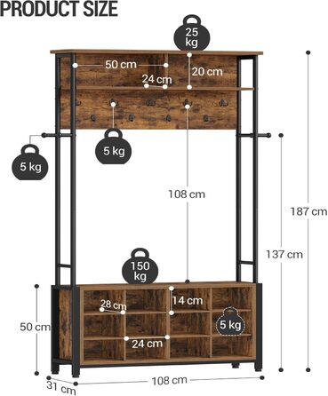 Вішалка для одягу Hzuaneri з лавкою для взуття, шафа з 13 гачками, 14 відкритими відділеннями, регульовані полиці, вішалка для одягу для коридору, вхідної зони, 31 x 108 x 187 см, вінтажний коричнево-чорний HT17901B