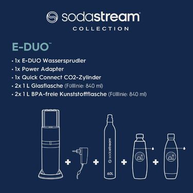 Електрична виробник газованої води з циліндром CO2, скляною пляшкою та пластиковою пляшкою, безпечною для посудомийної машини 2 л об'ємом 1 л, висота сімейний пакет 44 см (4 пляшки та з циліндром CO)