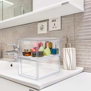 Ящики для косметичного органайзера, штабелюваний прозорий акриловий органайзер для макіяжу, 2 шухляди для зберігання на столі, туалетний столик, ванна кімната, спальня, дві коробки під раковиною