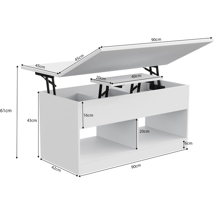 Журнальний столик, стіл для вітальні з регульованою висотою, журнальний столик з підйомною верхньою частиною, 2 відкритих відділення та приховане місце для зберігання, прямокутний бічний столик-диван, можна перетворити на обідній стіл, білий метал