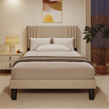 Ліжко Bealife з м&39якою оббивкою 120 x 200 см з рейковою основою міцний каркас ліжка з дерева та металу, м&39яке двоспальне ліжко з узголів&39ям для спальні та дитячої кімнати (бежевий, 120 * 200 см)