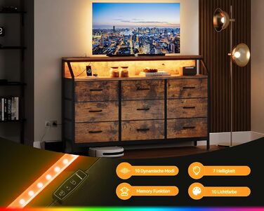 Комод ODK, комод з 2 розетками, 2 USB-портами та світлодіодною стрічкою, що змінює колір, з 9 тканинними шухлядами, підходить для спальні, вітальні, вінтажний колір