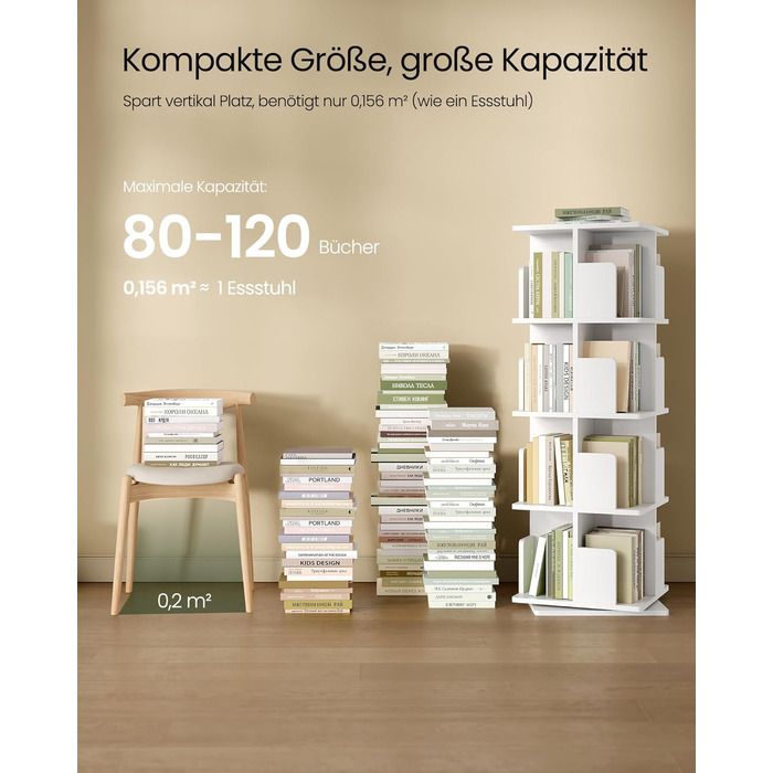 Обертова книжкова полиця EUGAD, кімнатна перегородка, полиця на місці, обертова полиця, офісна полиця, декоративна полиця, вільно обертається на 360 з 4 полицями для спальні, офісу, МДФ, білий, 39,5 x 128 x 39,5 см, 4 полиці (39,5 Ш x 128 В x 39,5 Г см), 