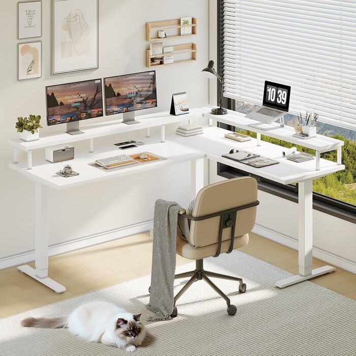 Кутовий письмовий стіл OffiGo, регульована висота, 150x120 см, стіл з регульованою висотою та розеткою, електричний L-подібний стіл з підставкою для монітора, білий 150 x 120 см