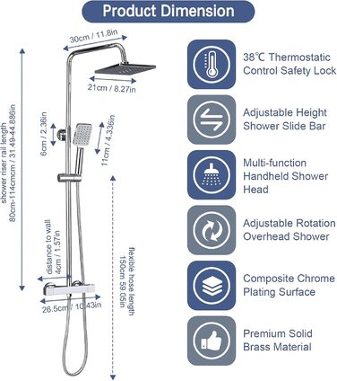 Душова система Namuoto з термостатом для душової арматури, тропічний душовий набір з верхнім душем і душовою лійкою, душовий набір зі шлангом і регульованою по висоті душовою штангою душові системи квадратні, хромовані