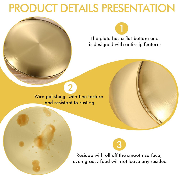 Набір з 4 золотих підносів, діаметр 23 см Сервірувальні підноси з нержавіючої сталі 201, декоративні тарілки золотого кольору, круглі підноси для кухні, ресторану, кафе, кемпінгу та вечірок