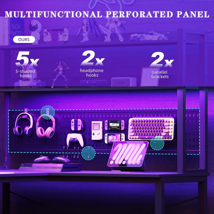 Письмовий стіл з перфорованою дошкою 135 x 90 см Кутовий стіл з полицею Великий ігровий стіл з розетками та портом USB для зарядки Ігровий стіл L-подібної форми з місцем для зберігання Чорний 135 x 90 x 152 см Чорний