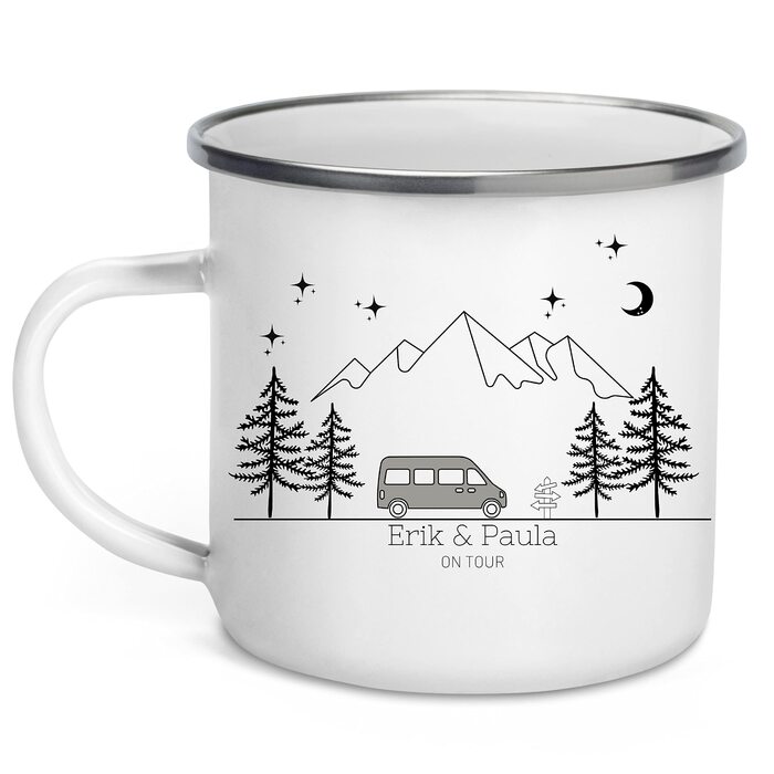 Емальована кружка Маленька Матильда, барвиста персоналізована кемпінгова кружка з іменем для кемпінгу, кавова кружка, аксесуар для каравану, кружка з нержавіючої сталі, подарунок для кемперів (сірий колір)