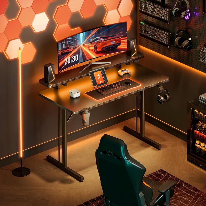 Ігровий стіл ODK, Невеликий ігровий стіл зі світлодіодним освітленням, Комп&39ютерний стіл 100 см з полицею для монітора, Чорний стіл для ПК з вуглецевого волокна 100 см