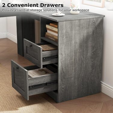 Комп&39ютерний стіл GIANTEX L-подібної форми з вбудованою зарядною станцією, кутовий стіл з підставкою для клавіатури та висувними шухлядами, офісний стіл для 2 осіб з шафою для зберігання та регульованою полицею (сірий)