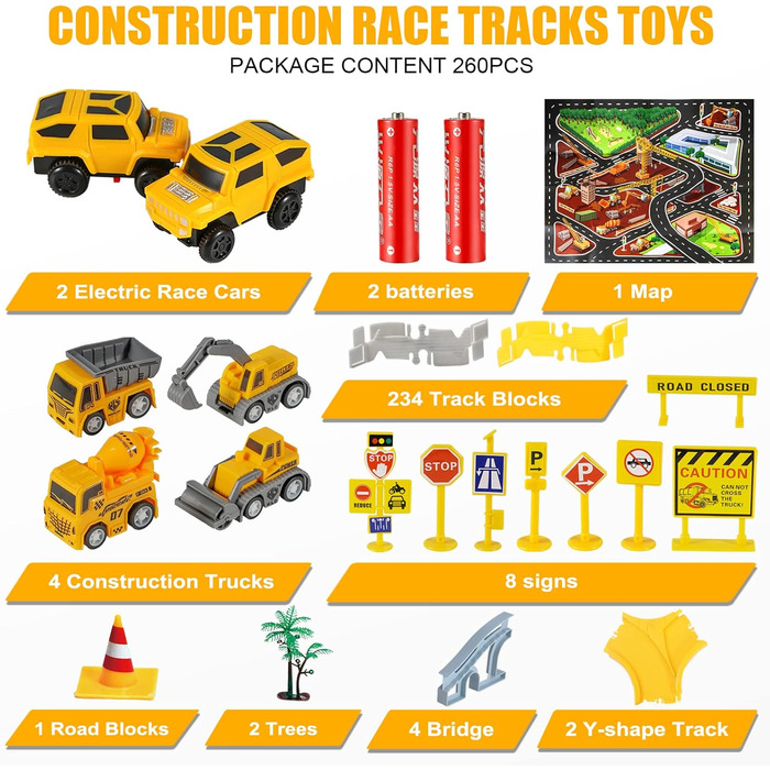 260pcs Car Racing Track 6 Cars Excavator Toy from Toy Cars Highway from 3 4 5 6 Years Boy Girl, Flexible Track Crane Games, Electr
