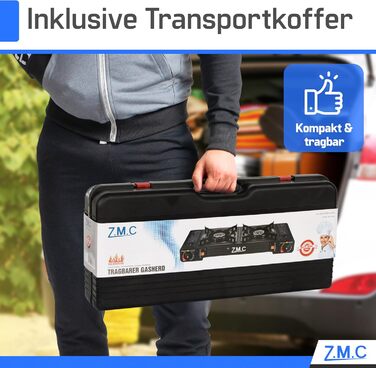 Газова плита для кемпінгу ZMC, 2 конфорки, 2,5 кВт, включаючи адаптер для підключення зрідженого газу та футляр для зберігання. Комплект кемпінгової плити з газовими картриджами та грильною пластиною (можна вибрати), з п&39єзорозпалом, для використання на