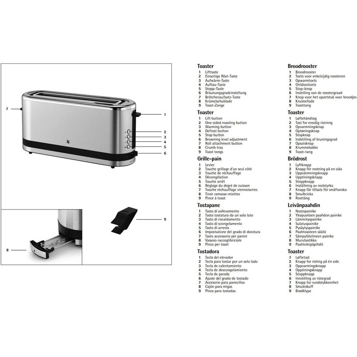 Тостер WMF Kitchen Miniis Довгий слот з насадкою для булочки, 2 скибочки, XXL, функція бублика, 7 рівнів підрум'янювання, 900 Вт, тостер з нержавіючої сталі матовий