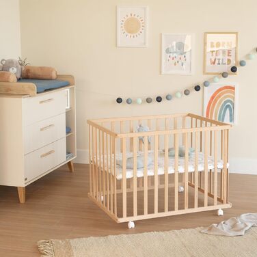 Манеж roba 75 x 100 см з вкладишем Star Magic Grey - манеж із захисним вкладишем та колесами - регульований по висоті та мобільний - натуральне дерево