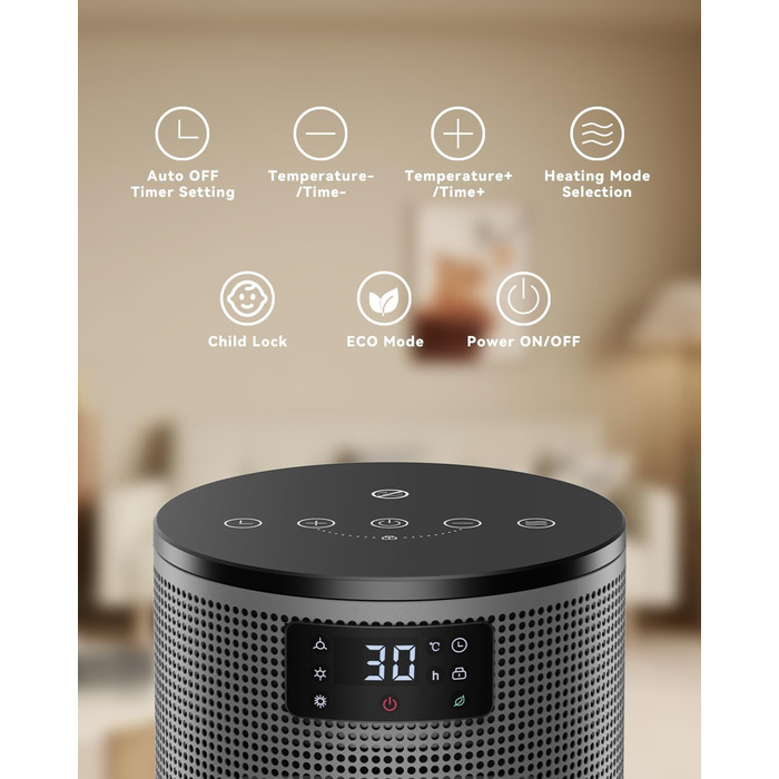 Енергозберігаючий електричний обігрівач, керамічний нагрівальний елемент PTC потужністю 1500 Вт, 4 режими, портативний обігрівач з термостатом, захист від перегріву та перекидання, 8-годинний таймер, для використання в приміщенні, чорний