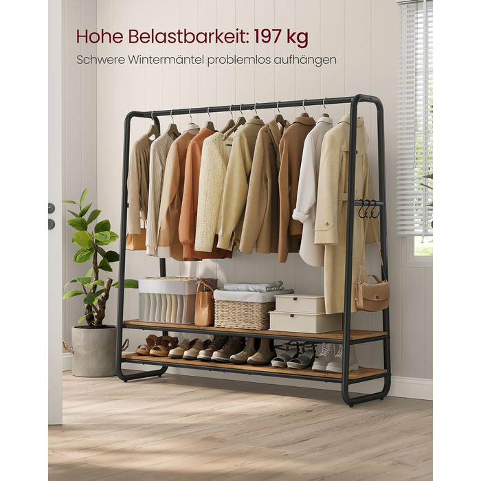 Вішалка для одягу, вішалка для пальто, шафа, 2 полиці, 6 S-подібних гачків, сталевий каркас, 45 x 138 x 160 см, для спальні, коридору, передпокою, вінтажний коричнево-чорний RGR119B01 138B см Вінтажний коричневий чорний