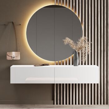 Вішалка для передпокою Planetmbel 160 см вкл. дзеркало кругле з підсвічуванням 100 см, біла, меблі для передпокою з дзеркалом, 37,