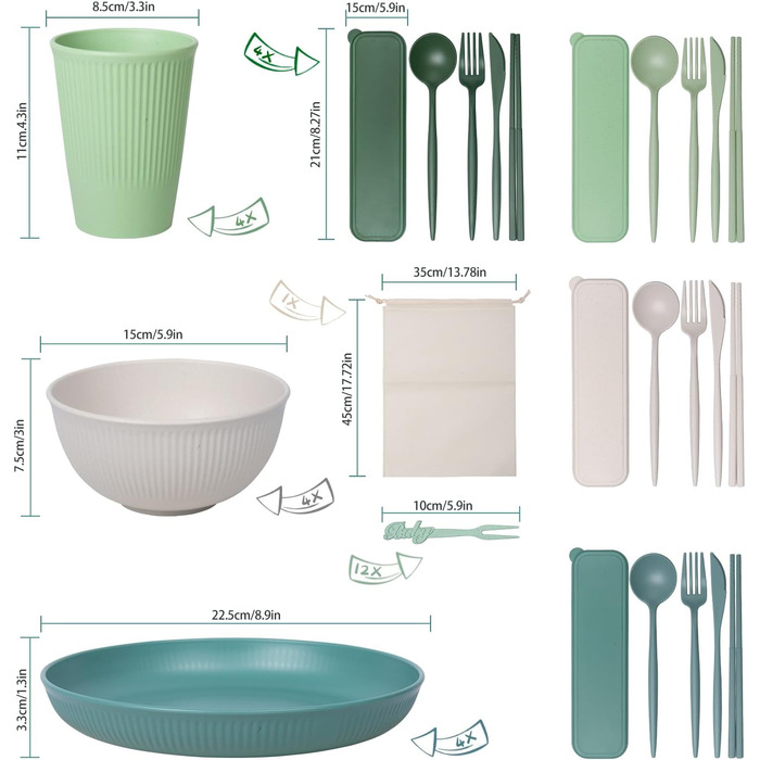 Набір столових приборів для кемпінгу з 45 предметів на 4 особи, набір пластикового посуду, набір тарілок та мисок для кемпінгу з сумкою для перенесення, небиткий посуд для пікніка, набори тарілок, набори посуду та столових приборів з 45 предметів
