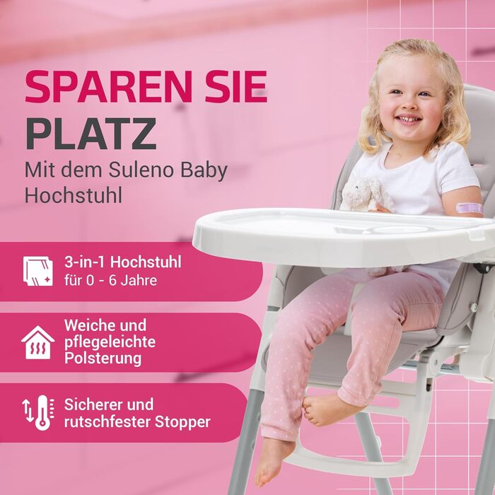 Сулено - стільчик для годування LOVIS, регульована підніжка та піднос, ремені безпеки та протиковзкий обмежувач, функція нахилу, к