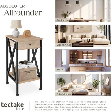 Промислові меблі tectake, Журнальний столик з шухлядою, Журнальний столик з полицями, Вузька тумбочка, Декор для спальні, 35 x 35 x 70,5 см, Меблі для вітальні - Світла промислова деревина, Дуб Сонома Дейтон