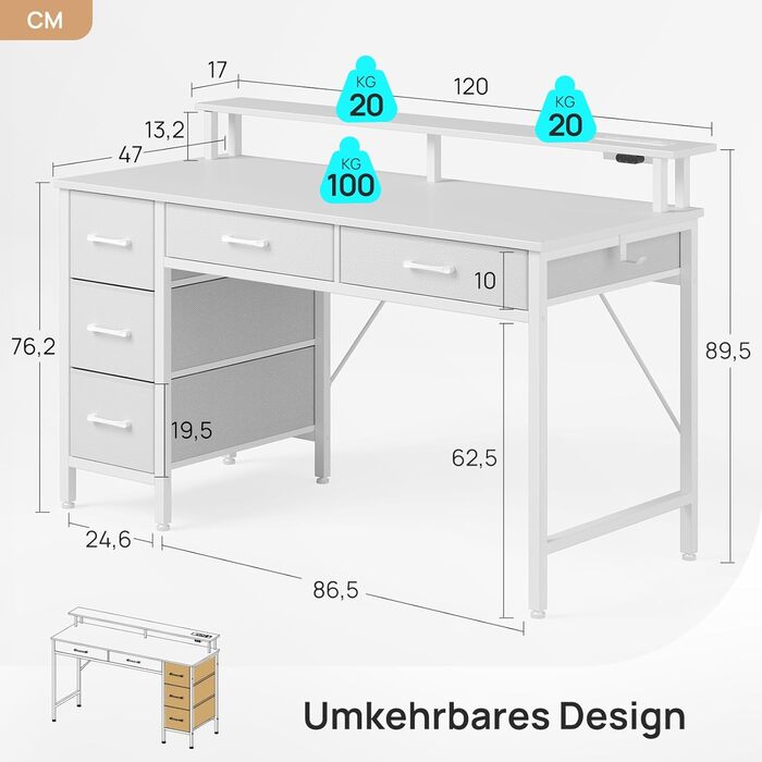 Письмовий стіл Rolanstar з 5 шухлядами, комп&39ютерний стіл з розетками, ігровий стіл зі світлодіодним освітленням, підставка для монітора, для домашнього офісу, спальні, вітальні, офісу (білий, 120 см)