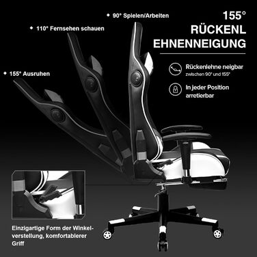 Ігрове крісло GTPLAYER з підставкою для ніг, Bluetooth-колонка, ергономічне офісне крісло, комп&39ютерне крісло, стільце для столу, крісло для ПК з регульованою спинкою, вантажопідйомність 150 кг, білий колір