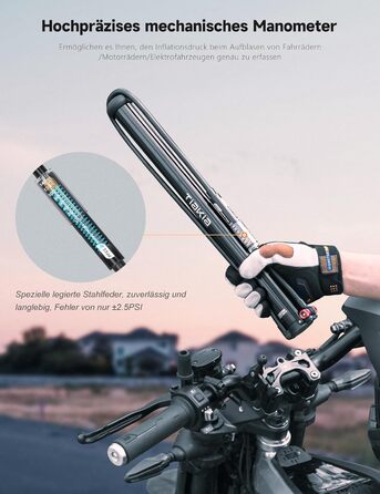 Велосипедний насос Tiakia з манометром, маленький велосипедний насос для всіх типів вентилів, алюмінієвий міні-насос, портативний насос для шин Schrader та Presta, шосейні та гірські велосипеди, 260 PSI/18 бар