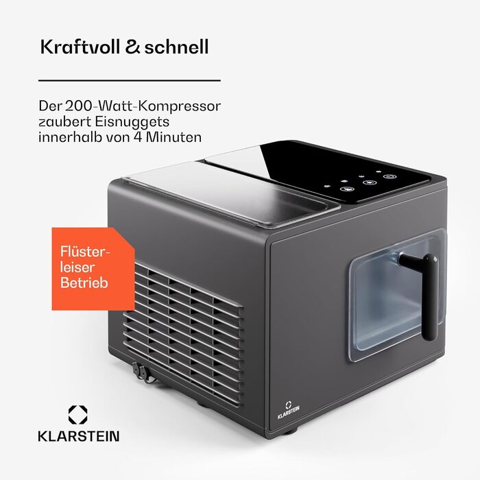 Машина для кубиків льоду Klarstein для домашнього кемпінгу Gastro, швидка міні-машина для кубиків льоду маленька, професійний льодогенератор для кубиків льоду нагетсів, самоочищення, охоронна сигналізація та сенсорне керування, 15 кг/24 год